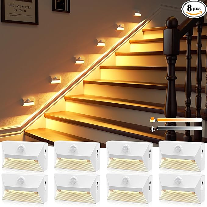 NIORSUN Motion Sensor Night Light, Rechargeable Stair Lights Indoor, 3 Colors and Motion Modes 2000mAh Battery Night Light with Light Sensor for Stairway, Hallway, Bathroom, Kitchen White 8 Pack