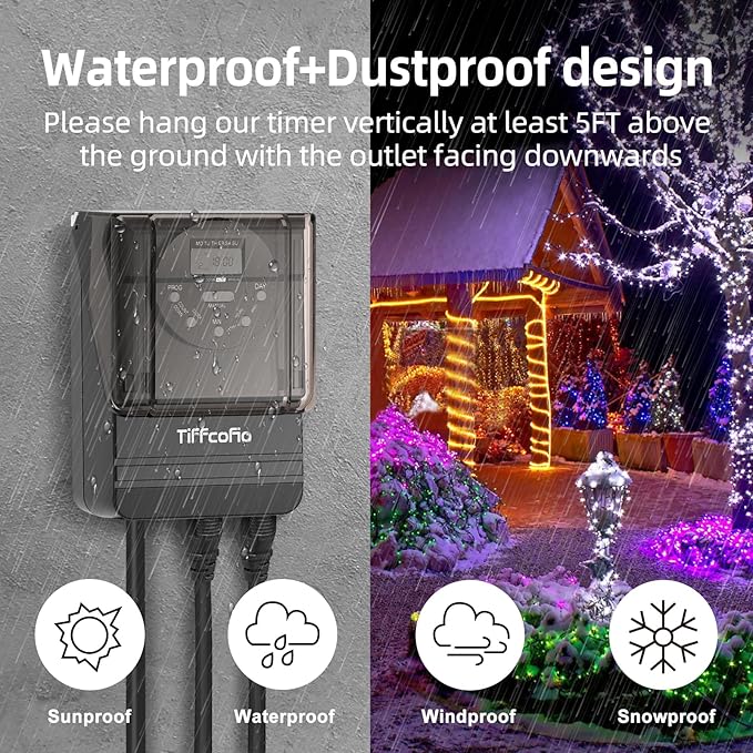 TiFFCOFiO Outdoor Digital Light Timer Outlet, 7 Day Programmable Plug in Timers for Electrical Outlets, 2 Grounded Outlets for Outdoor Lightings, ETL Listed