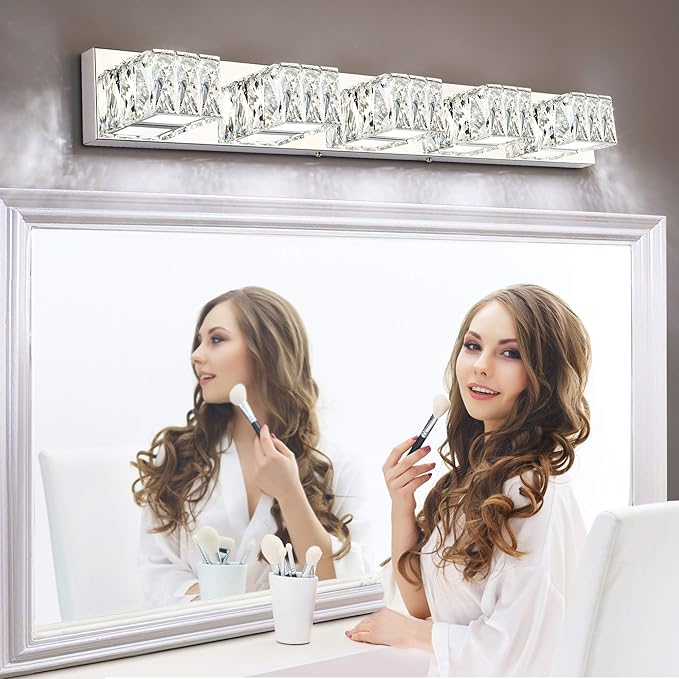 ZUZITO 5 Lights Bathroom Vanity Light - Crystal Modern Bathroom Light Fixtures - 30W Dimmable Vanity LED Lights for Restroom - Chrome Bath Light bar Cool White Light