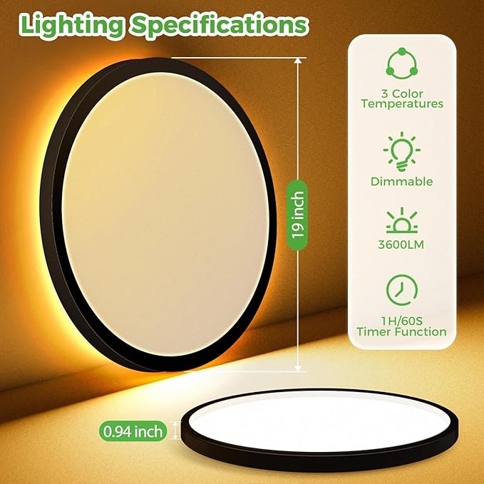 zemty 19 Inch LED Ceiling Lights with Night Light 1800K, 36W 3600lm Light Fixtures with Remote Control, 3000K-6500K Adjustable, Dimmable Low Profile Ceiling Lamp for Bedroom Dining Room Kitchen-Black