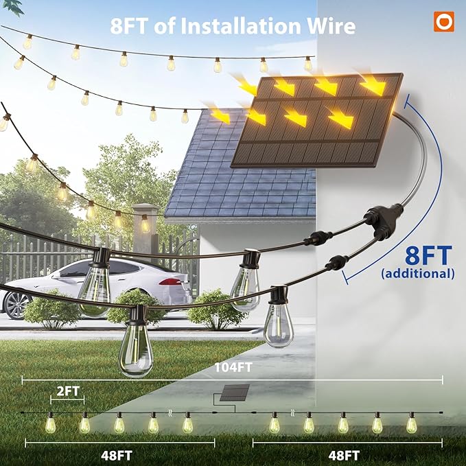 addlon 104FT(96FT+8) Solar String Lights Outdoor Waterproof with USB Port & Remote Control Solar Patio Lights for Outside Solar Powered with 52 LED Dimmable Bulbs for Porch Garden Deck Halloween