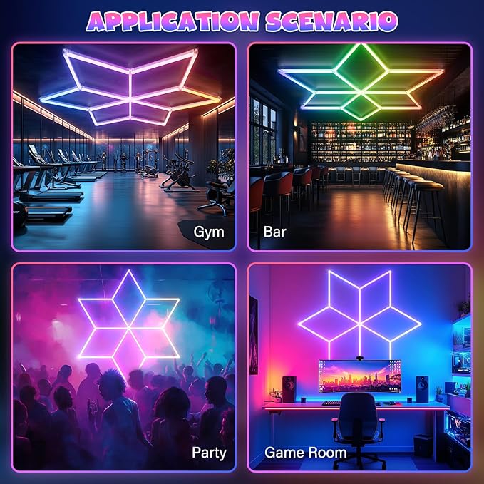 Hexagon RGB Garage Lights, Multicolor LED Lights with Music Sync, 358 Dynamic Effects, Dimmable & Speed Control for Gaming Rooms, Bars, Studios, Home Gyms