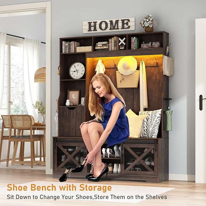 75''H LED Farmhouse Hall Tree with Bench and Shoe,Entryway Bench with Coat Rack,16 Shoe Cubbies & Umbrella Holder and Sock Storage Drawer,Mudroom/Hallway Storages Cabinet(Brown)