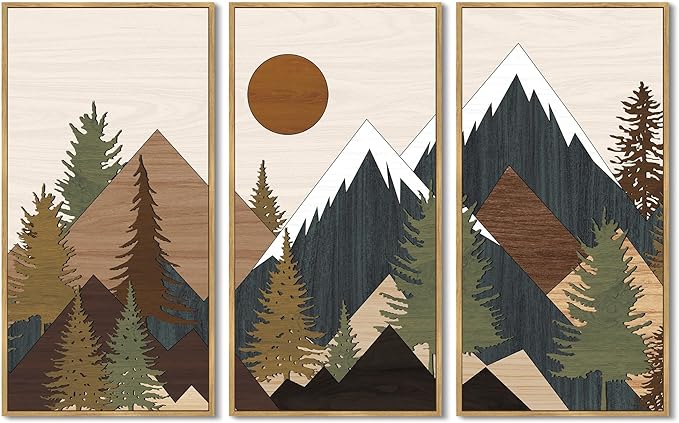 KUVIOKE Huge 16x32in Wooden Mountains Range Landscape Wall Art Framed Tree Nature Wall Decor Farmhouse Rustic Prints Kitchen Living Room Ready to Hang Natural Framed