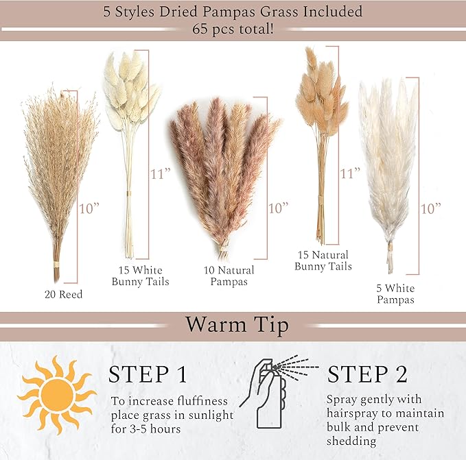 VELOVA Set of 3 White Ceramic Vase with 65 PCS Dried Pampas Grass Flowers Aesthetic Boho Modern Small Round Cute Vases for Decor Living Room Coffee Table Shelf Bedroom Office Desk Home Gifts Women Mom