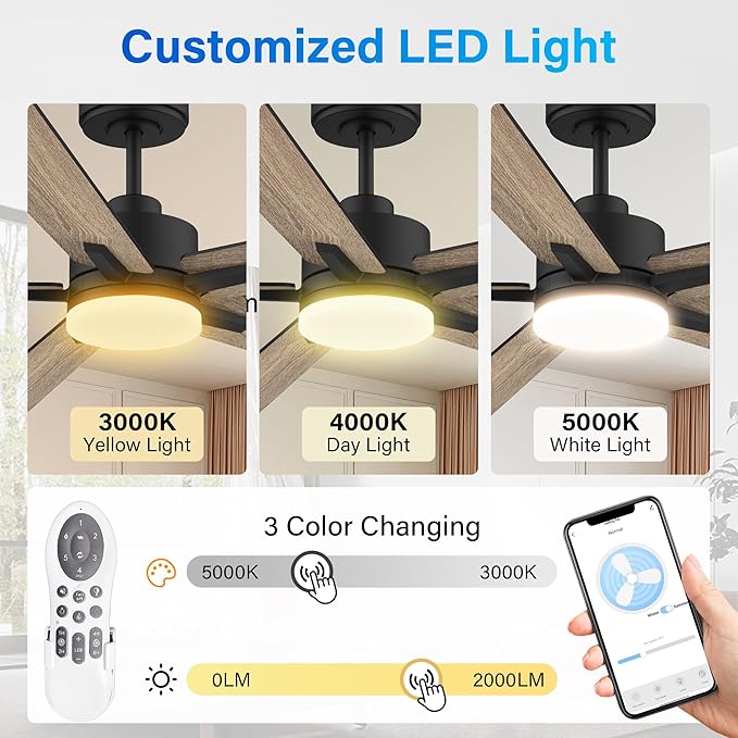 52” Smart Ceiling Fan with Lights Remote,Ultra Silent DC Motor,Control via Alexa Google Voice App Wifi,Outdoor Indoor Modern Ceiling Fans for Bedroom Patio Porch,Dimmable,Black Walnut Brown