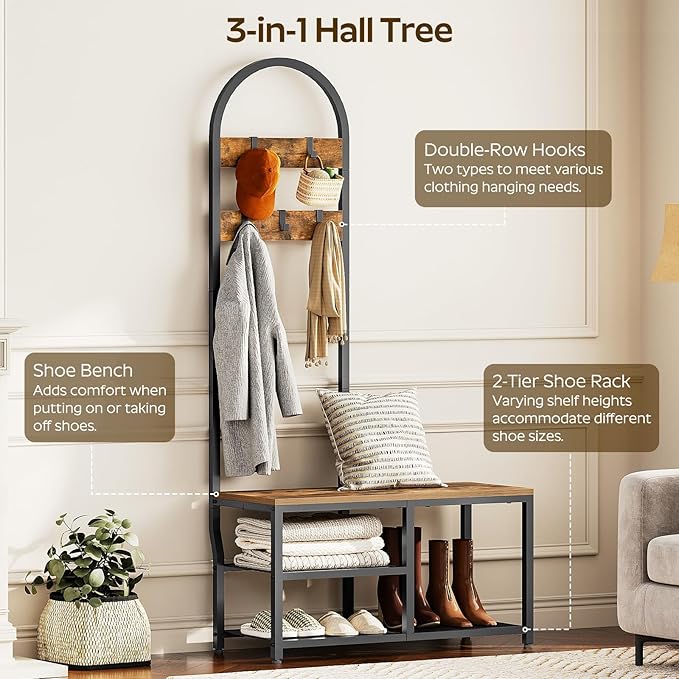 Hall Tree, Coat Rack with Shoe Storage, Entryway Bench with Coat Rack and Shoe Shelf, All-in-One Entryway Storage Organizer, for Foyer, Hallway, Cloakroom, Rustic Brown and Black MT04BRY1