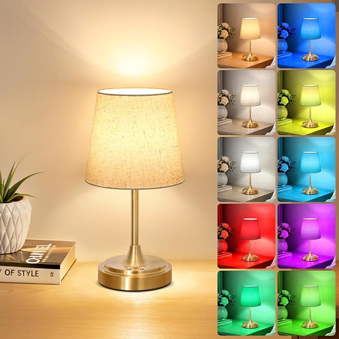 Small Cordless Table Lamp Rechargeable,5000mAh Battery Operated Desk Lamp,3 Colors & 7 RGB Stepless Dimmable,Touch Ambient Light for Bedside,Bedroom,Dining Room,Living Room,Gold,FlaxenShade