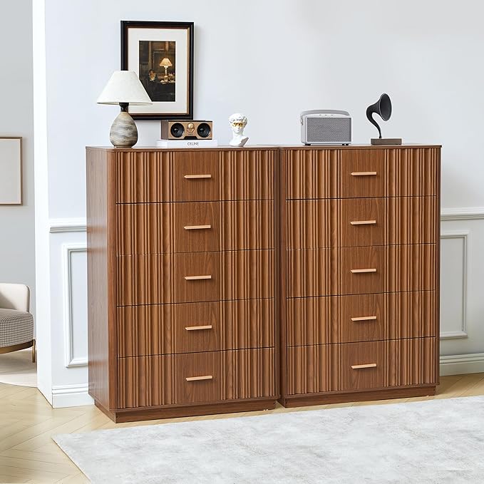 Fluted 5 Drawers Dresser for Bedroom, Wooden Tall Storage Dresser TV Stand, Curved Profile Modern Chest of Drawers, Wood Closet Clothes Storage Organizer for Living Room Hallway,Walnut 2 Sets