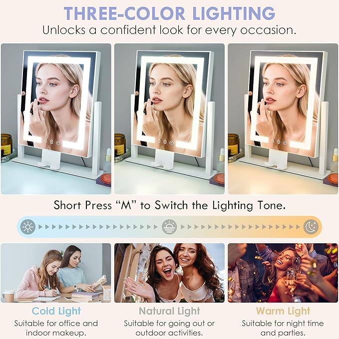 Makeup Mirror with Lights, Vanity Mirror with 3 Lighting Modes, Light Up Mirror, Touch Sensor, AC-Powered, 360 Rotatable, Metal Frame, with Detachable 3.5" 15X Spot Mirro, Gift for Women
