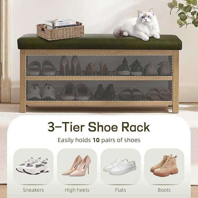 Shoe Rack Bench with Leather Cushion, 2 Tier Solid Wood Storage Bench, Mid-Century Modern Shoe Bench for Entryway, Hallway, Closet, Front Door Entrance, Foyer (Green, 46.5)