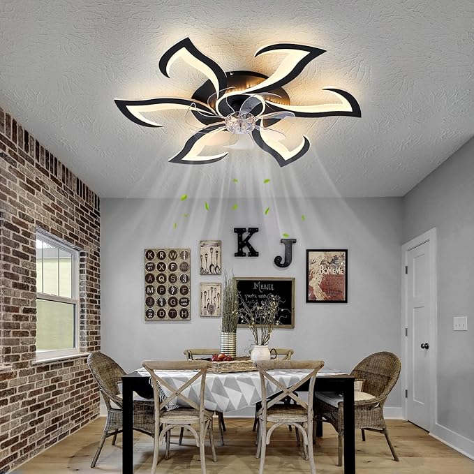 Modern Ceiling Fan with Light and Remote, Low Profile Ceiling Fans with Lights, 32 Inch Black Flush Mount Ceiling Fan with 3 Light Color 6 Speeds, Fandelier Ceiling Fans for Kitchen Bedroom