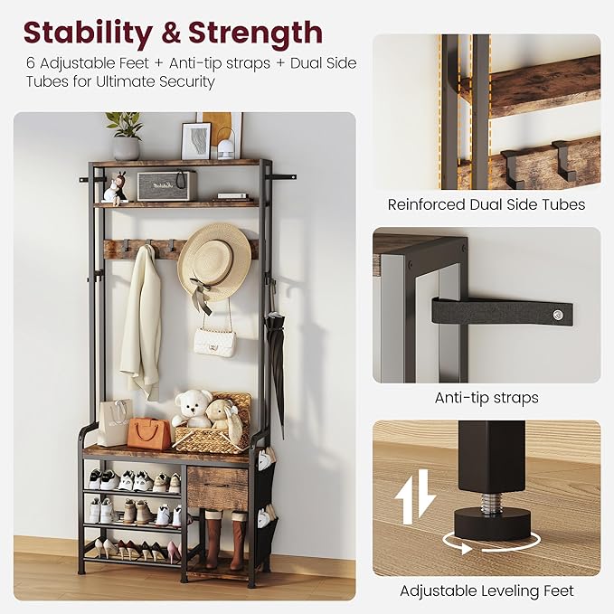 Homeiju Hall Tree with Bench and Shoe Storage, 3-in-1 Entryway Organizer with 6+2 Hooks, Coat Rack with Adjustable Feet for Stability, Mudroom Furniture with Storage Shelf