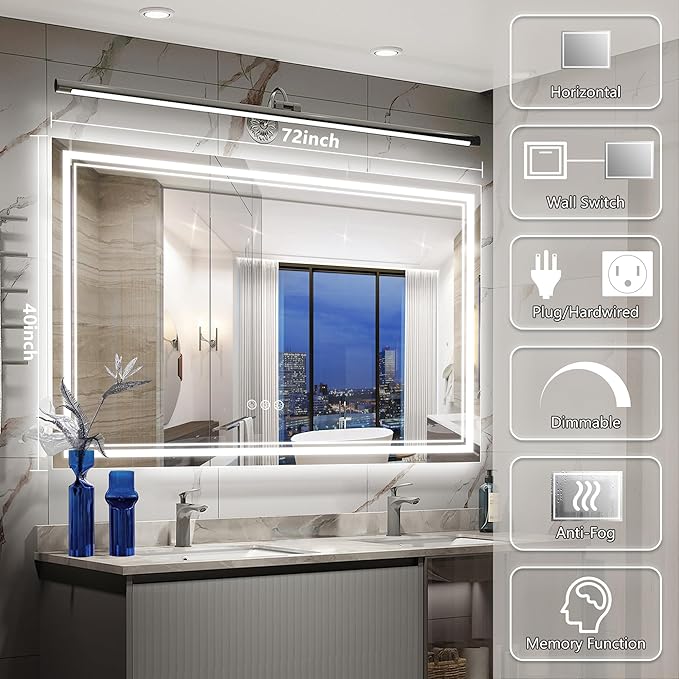 72x40 Inch Led Mirror for Bathroom with Front Light and Backlit, Bathroom Mirror with Led Lights, Vanity Mirror with Lights for Wall, Anti-Fog, Dimmable, Memory Function, Tempered Glass