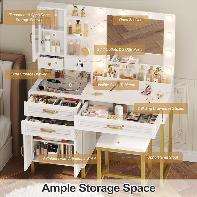 BTHFST Makeup Vanity Desk with Mirror and Lights & Charging Station & Makeup Stool, Vanity Table Set with Glass Top Storage Drawer & Beach & 3 Shelves for Bedroom (Modern White & Gold)