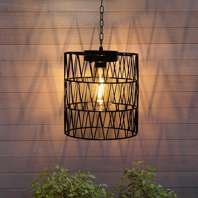 Livinlarge Hanging Pendant Lights,Metal Solar Outdoor Chandelier,Solar Hanging Lights with Warm White LED Bulb for Patio Garden Tree Pergola Gazebo Porch Yard Decor