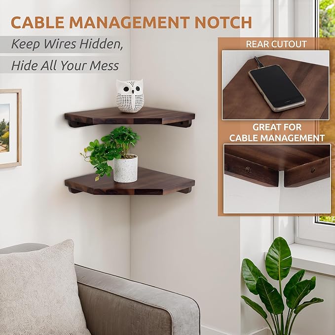 Demigo [Upgraded] Hexagon Corner Floating Shelves Wall Mount (2pcs) – Solid Acacia Wood with Hidden Brackets & Cable Hole – Rustic & Modern Space-Saving Shelves for Bedroom Living Room Office Kitchen
