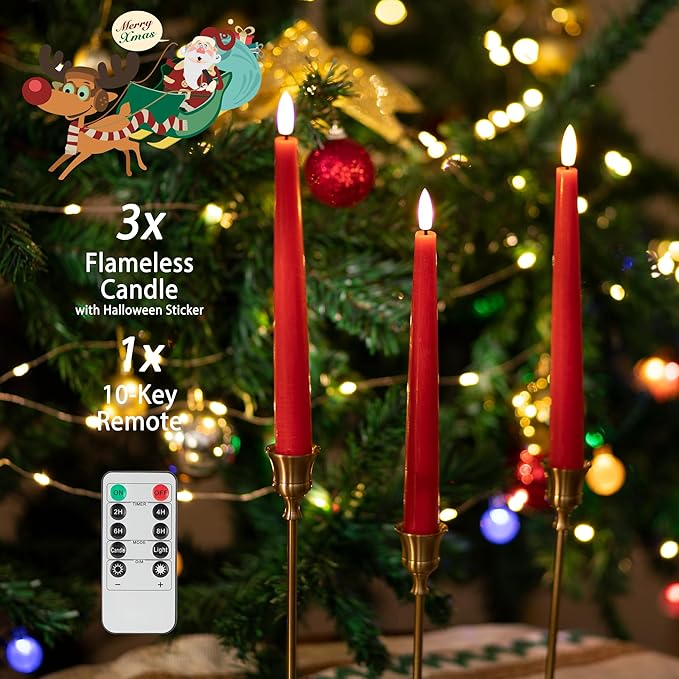 Red Flameless Taper Candles with 3D Wick, 9.6" Real Wax LED Candles with Remote and Timer, 3 Pack Flickering Candlesticks Battery Operated, Classic Tall Taper Candle for Home, Wedding, Party