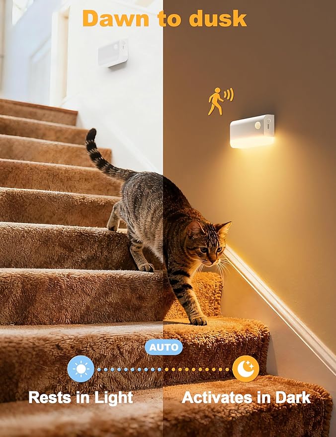 VOLISUN Motion Sensor Night Light, Rechargeable Stair Lights Indoor, Battery Operated Night Light for Hallway, Stairway, Bathroom, Bedroom, Kitchen, 3 Modes & 3 Color Temperatures(8 Pack White)