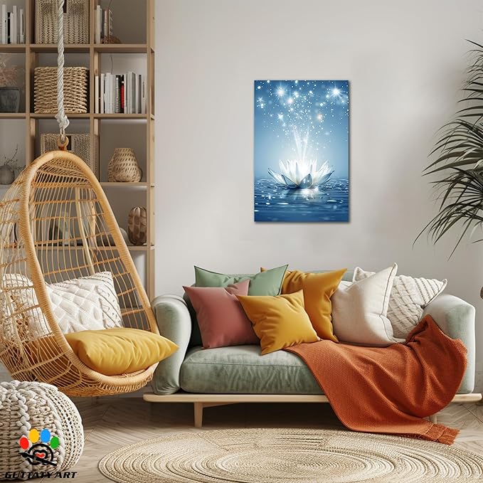 Zen White Lotus Flower Canvas Wall Art, Lotus Floral Pictures Wall Print, Spiritual Water Lily Canvas Prints, Lotus Bloom on Water Poster, Zen Meditation Spiritual Artwork for Yoga Spa Room 18x24 inch