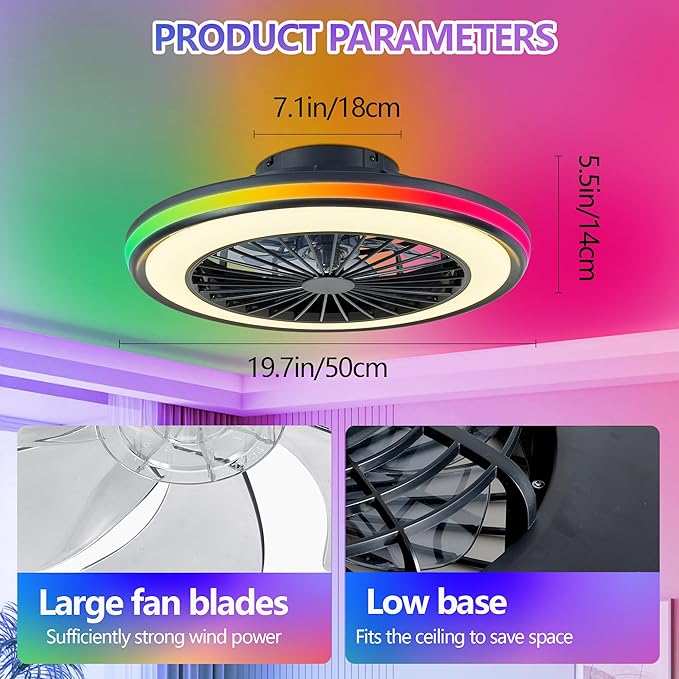 20" Modern LED Ceiling Fan Light, Smart Bladeless Ceiling Fans with Lights and Remote, RGB Bluetooth Fan Chandelier for Bedroom,Living Room, Office (20)