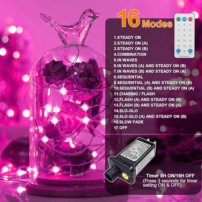 LAMPHOME Valentine's Day Pink Fairy Lights Plug in, 33Ft 100 LEDs Waterproof Twinkle Firefly Lights, Adaptor Included, Starry String Lights for Wedding Indoor Outdoor Christmas Patio Garden