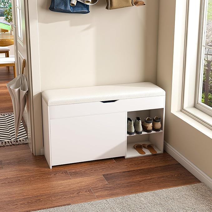 Entryway Bench with Shoe Storage,Adjustable 3-Tier Flip-Up Drawers & Hidden Cabinet,Space-Saving Shoe Organizer,Triple Storage and Modern Design for Hallway and Living Room