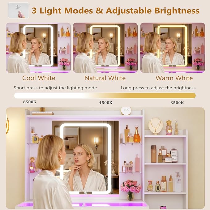 Vanity Desk with Mirror and Lights 3 Colors, 43.3" Makeup Vanity with Glass Top & RGB Light, White Vanity Table Set with Stool, 5 Drawers & Power Outlet for Bedroom Dressing Room