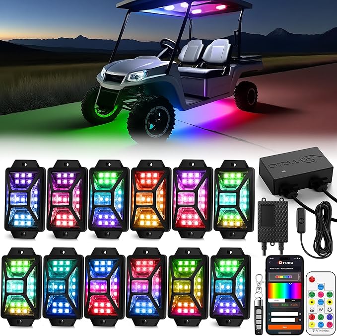 12PCS 12V-72V Golf Cart Lights, RGB Led Underglow Light Kit with 2 Remotes and App Control, Voltage Converter, Waterproof, Sound Active, Battery Drain Protect Kill Switch Golf Cart Underglow Lights