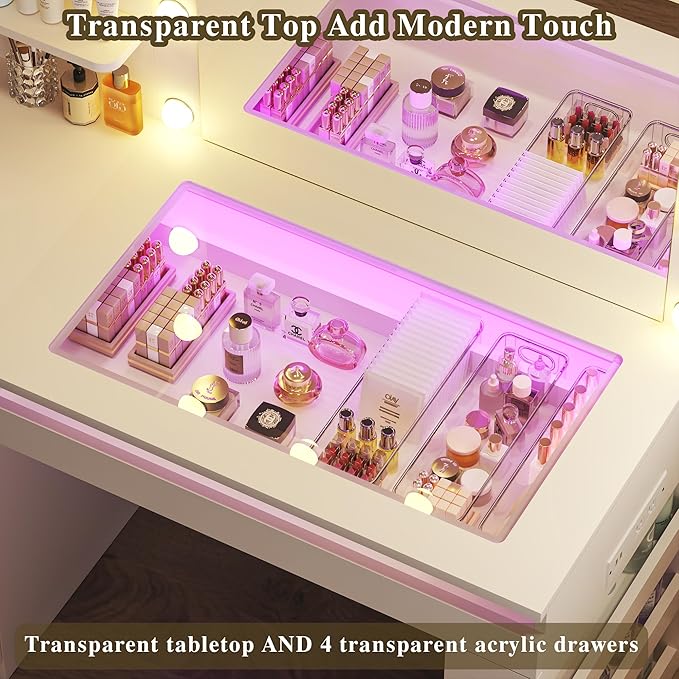 Vanity Desk with Lighted Mirror & Transparent Top, Makeup Vanity Desk with 4 Transparent Drawers and RGB Lighting, Built-in Power Outlet, 3-Tier Side Shelves & Storage Organizer for Bedroom