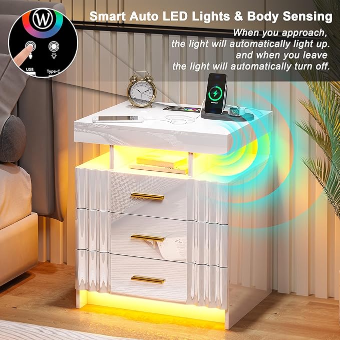 HNEBC LED Night Stand,Nightstand with Charging Station-USB+Type-C+Wireless Charging,Smart Bedside Table has Auto Sensor, High Gloss Nightstand White with 3 Drawers for Bedroom