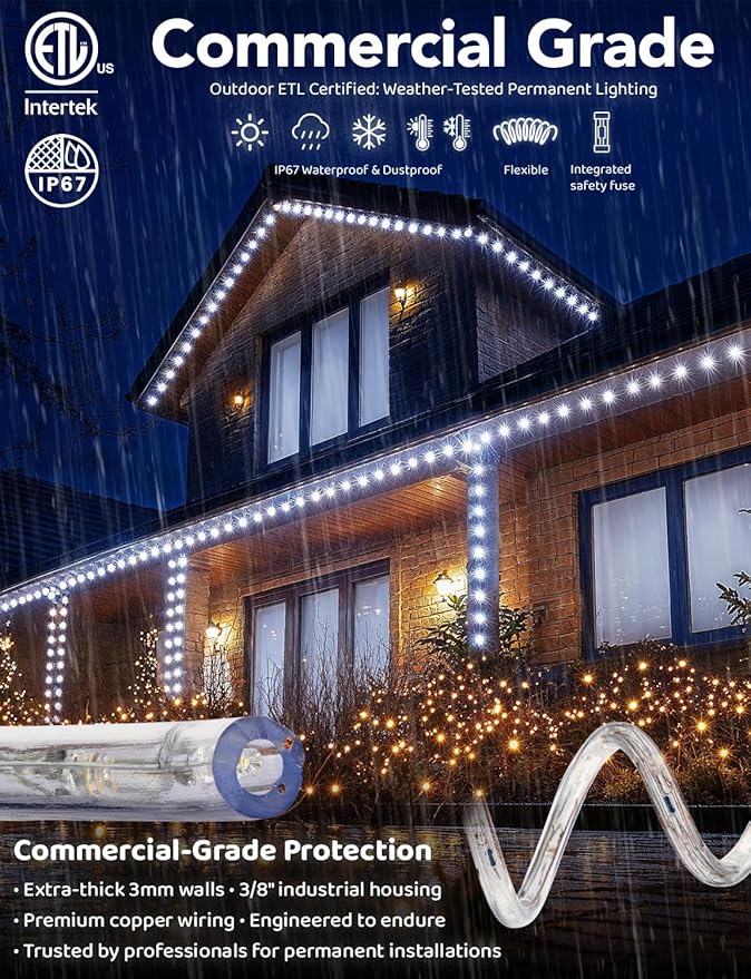 WYZworks 576LEDs 50ft LED Outside Rope Lights, Outdoor ETL Certified Waterproof Permanent 360 Degree Light Emitting, Flexible Tube, Connectable, Christmas Palm Tree Exterior Landscape, Cool White