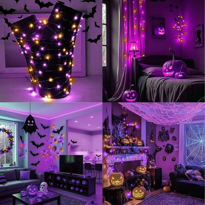 LAMPHOME Halloween Fairy Lights Plug in, 33Ft 100 LEDs Waterproof Twinkle Firefly Lights, Adaptor Included, Starry String Lights for Wedding Indoor Outdoor Christmas Patio Garden, Orange and Purple