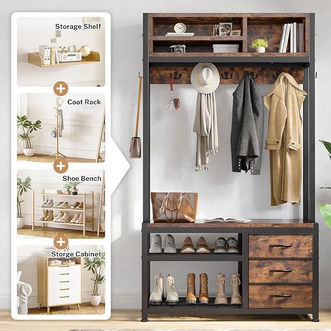 Raybee Hall Tree with Bench and Shoe Storage, Coat Rack Freestanding with 3 Fabric Drawers, Entryway Bench with Shoe Storage, Hall Tree with 12 Hooks for Hallway, Rustic Brown