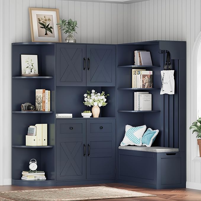 Multifunctional Hall Tree with 4 Hooks, Wood Hall Tree with Open Shelving and Flip Hidden Shelf, Left-Right Combination Coat Rack (can be Used Separately), Entryway Bench (Antique Blue/45c)