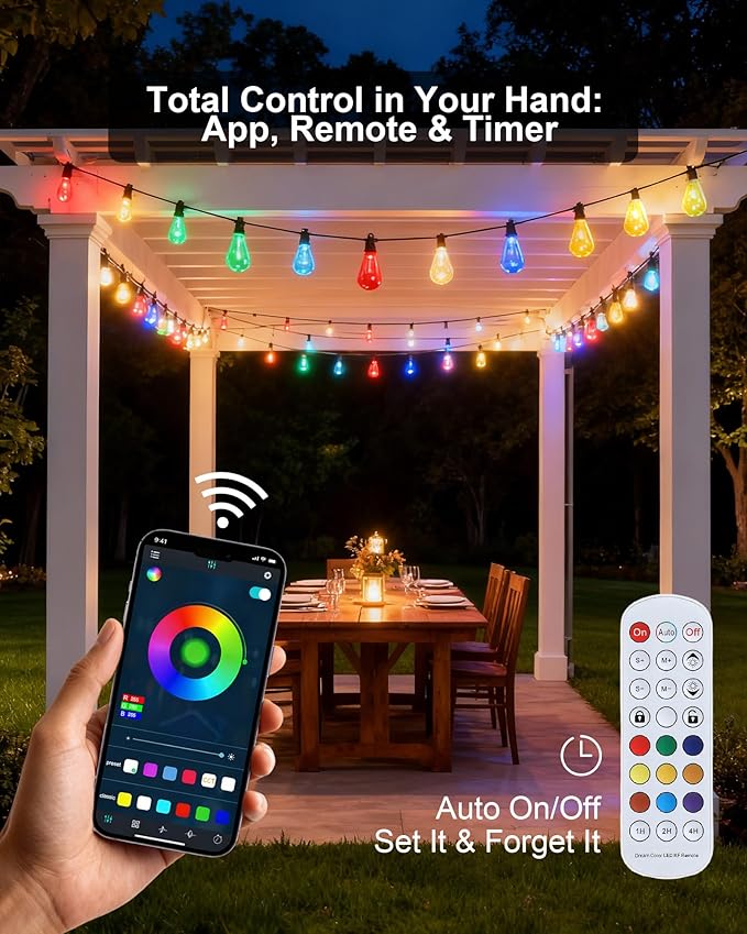Smart Outdoor String Lights, 50FT RGB Color Changing Patio Lights with Timer, 21-Key RF Remote and Bluetooth, IP65 Waterproof Shatterproof LED Lights for Backyard Balcony Garden Party Decor