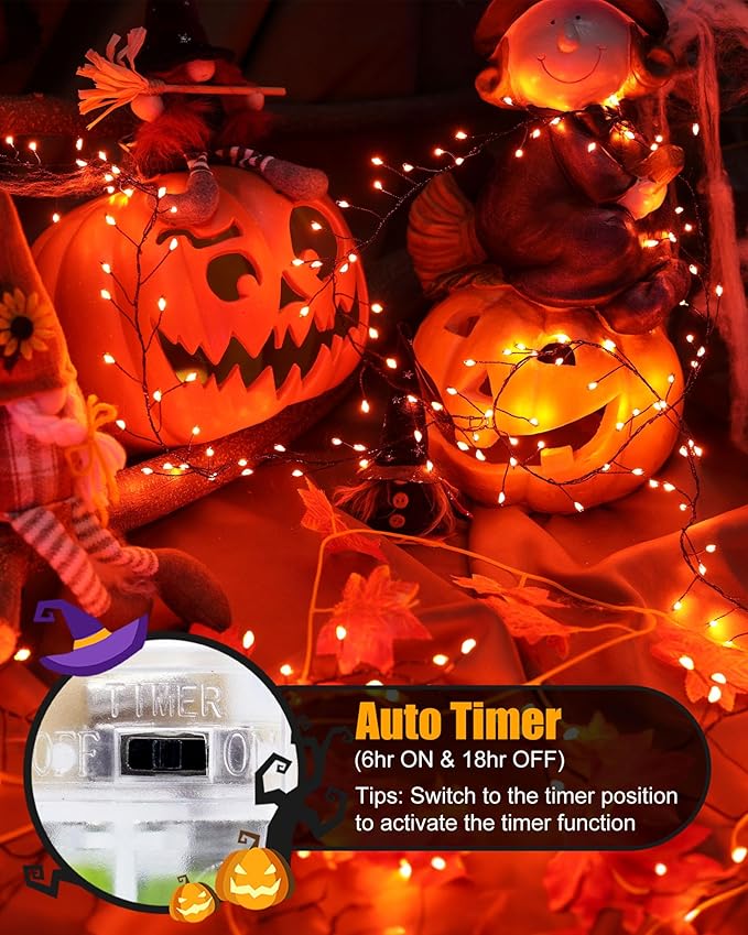 Halloween Fairy Lights Battery Operated, 10 Feet 120LEDs Firecracker String Lights Waterproof Silver Wire Starry Firefly Light for Bedroom Home Haunted House Indoor Outdoor Holiday Decorations, Orange