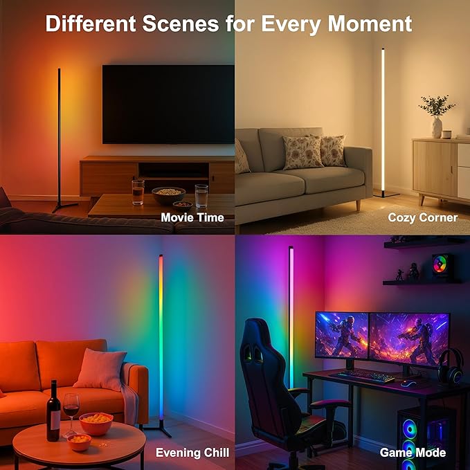 RGBICW LED Corner Floor Lamp 58'' with Music Sync, Remote Control, Color-Changing Ambient Lighting for Living Rooms, Gaming, Home Office (Corner Base)