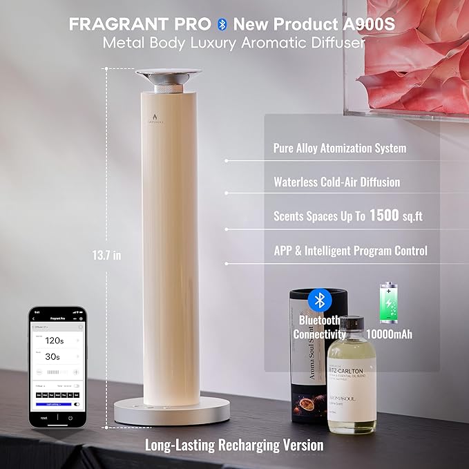 Wireless Rechargeable Hotel Scent Diffuser Starter Kit - Alloy Atomization System,Waterless Oil Diffuser, 1500 Sq Ft Coverage, Including 120ml Essential Oil, for Home, Large Room, Spa, Cream