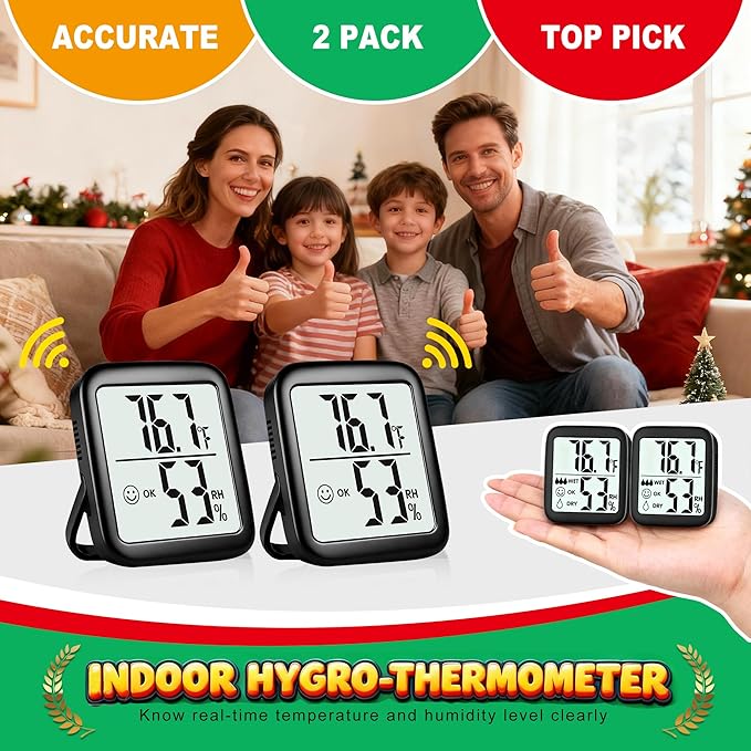 Antonki 2 Pack Room Thermometer for Home, Hygrometer Indoor Humidity Meter Gauge, Digital Temperature and Humidity Monitor Sensor for House, Terrarium, Incubator, Greenhouse - Battery Included