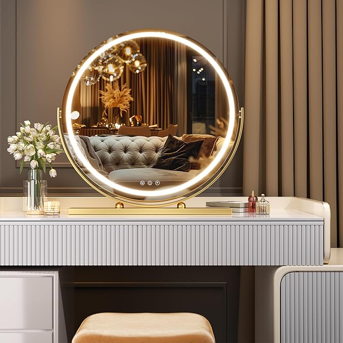 Hasipu Vanity Mirror with Lights, 23.6" LED Makeup Mirror, Lighted Makeup Mirror with Lights, Smart Touch Control 3 Colors Dimmable Round Mirror 360°Rotation Gold