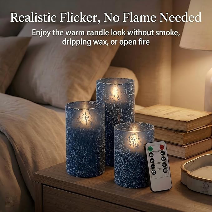 Blue Flameless Candles with Remote, Battery Operated Pillar Candles Set of 3, Flickering Real Wax LED Candles with Timer for Home Decor, Bedroom, Bathroom, Wedding Table Centerpiece