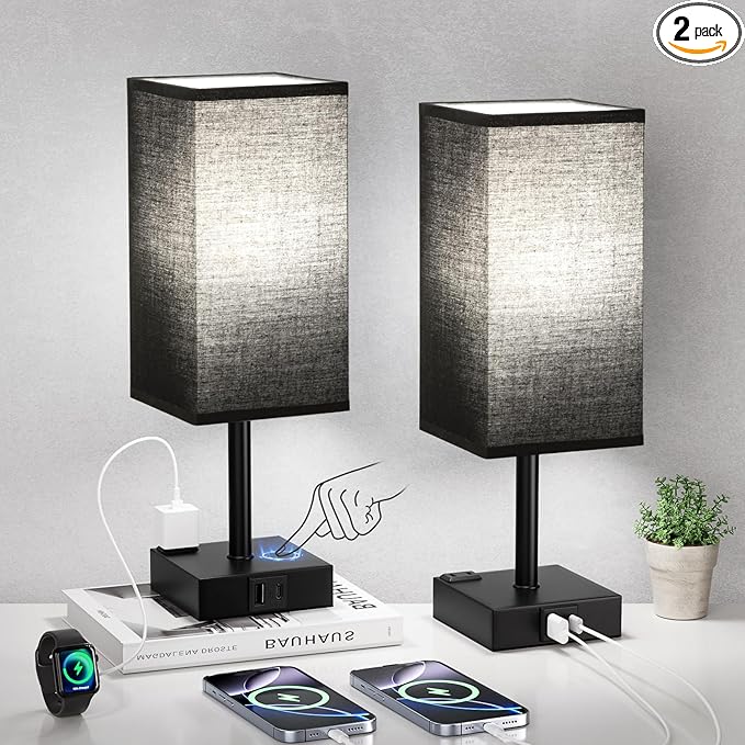 aooshine Black Lamp for Nightstand - Touch Table Lamp with Type C + A and AC Outlet, Square Charging Lamps for Bedroom Decor, Small Night Light for Office, Dorm Lamp for Men, E26 Bulb Included