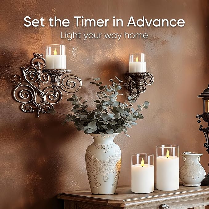 5plots Flameless Battery Operated Candles Set of 3, White LED Candles with Remote Timer, Real Wax Glass Pillar Candles Warm Flickering Light for Indoor Home, Halloween, Christmas Decor D3 x H4 5" 6"