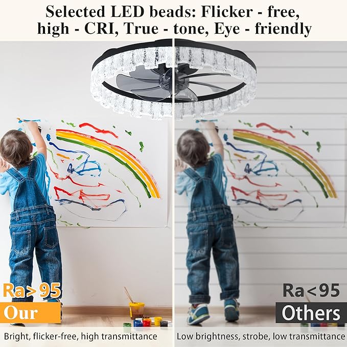 Ceiling Fans with Lights and Remote Fandelier - Black Crystal 20'' Flush Mount Low Profile Modern Ceiling Fans for Bedroom - Stepless Color Temperature and 6 Speeds