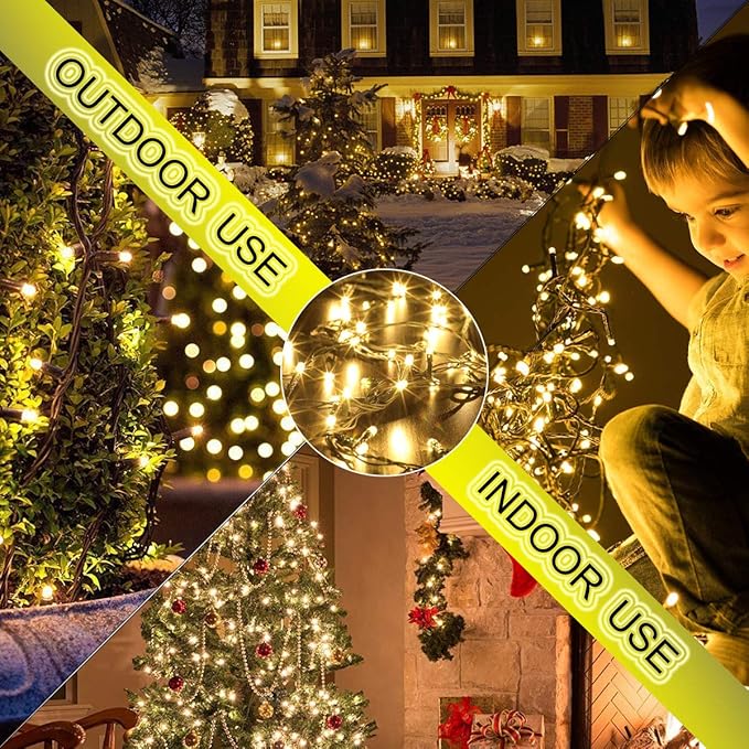 Indoor Christmas String Lights - 220 LEDs 82ft/25m Memory Function 8 Modes End-to-End Plug in Outdoor Waterproof Decorative Fairy Twinkle Xmas Lights for New Year/Tree/Wedding/Patio/Home - Warm White