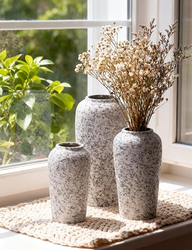 Stone Vase Set 3 Modern Decor Ceramic Vases Rustic Farmhouse Home Tea Table Office Room Desk Pottery