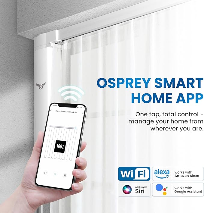 Osprey.Life Motorized Curtain Track, 5ft3 / 1.6m, No-Cut Electric Rail, ~33dB Quiet Motor, Remote & App Control, Alexa & Google Compatible, Wall or Ceiling Mount (Single-side Opening)