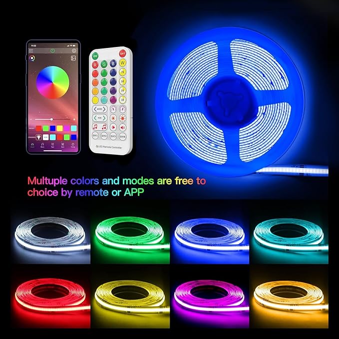 RGB COB Led Strip Kit, 32.8FT Ultra Bright (840LEDs/m) Bluetooth Led Lights with Smart App Control Remote, 24V Music Sync Led Lights, Color Changing Led Strip Lights for Bedroom, Indoor Home Decor