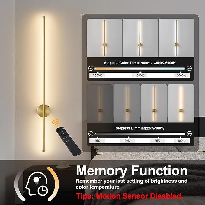 Motion Sensor Battery Operated Wall Sconce Set of Two - Modern Rechargeable Wireless Wall Lights with Remote Control, Dimmable, 3000K/4000K/6000K, Timer for Living Room, Hallway, Brass, 39.3 Inch